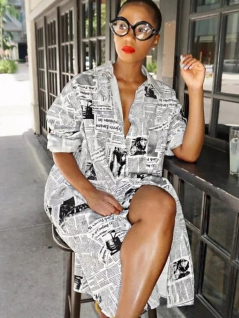 Newspaper Print Long Shirt Dress in Black & White